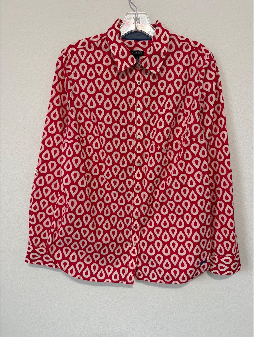 Talbots Long Sleeve Collared Button Up Red/White Geo Shirt 100% Cotton Size 10